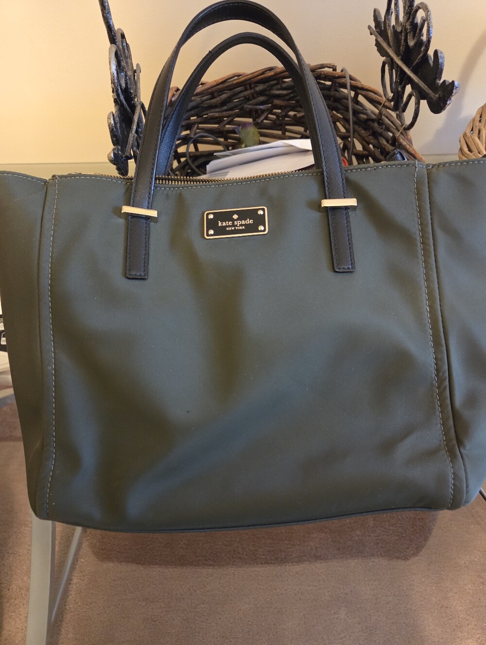 Kate Spade Deep Olive Tote with Black Handles Very Good